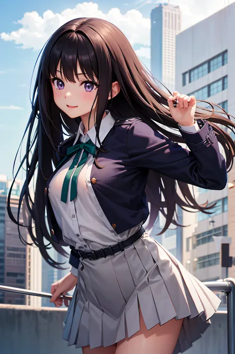 Takiinoue, Inoue Takina, Long hair, Bangs, Black hair, (Purple eyes:1.2), BREAK  shirt, Long sleeves, Dress, bow ribbon, School uniform, White shirt, Collared shirt, Belt bag, Neck ribbon, Blue Dress, Green Ribbon, pleated dress, grey dress, two-tone dress...