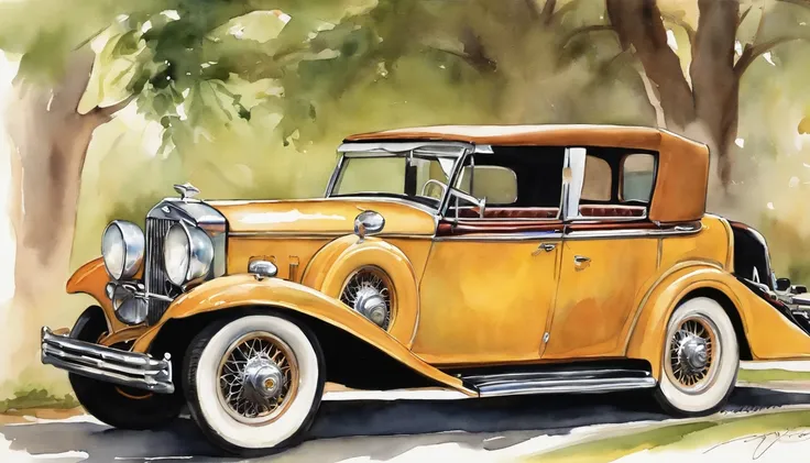 vintage car painted in watercolor, used for honeymoon brides and grooms, often used on wedding invitations