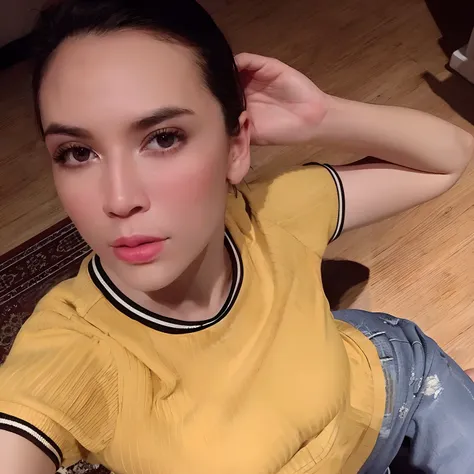 arafed woman sitting on the floor with her hand on her head, wearing yellow croptop, gal gadot china plate, photo of the beauty gal gadot, leaked photo, wearing a modern yellow tshirt, gal gadot, face like gal gadot, leaked image, fanart, with yellow cloth...