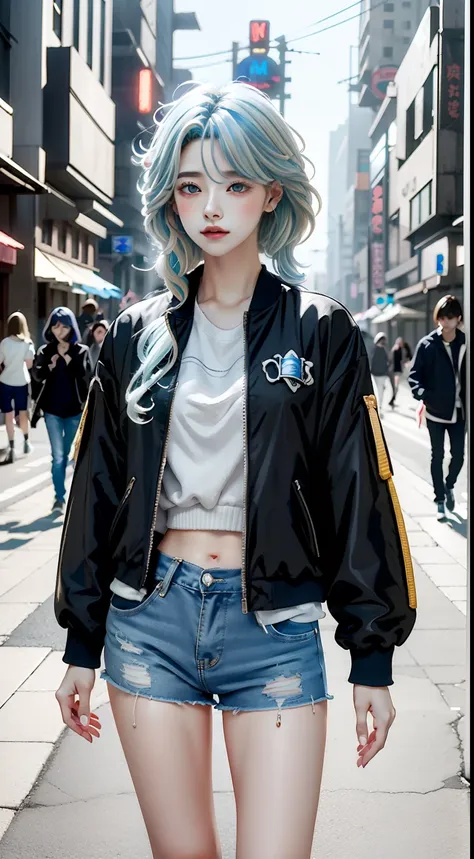 realistic girl with blue white hair and piercings standing in the street, style hyperreal, anime vibes, detailed realistic chara...