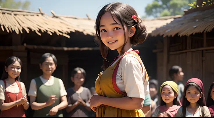 A villager girl smiles and the crowd of villagers watching