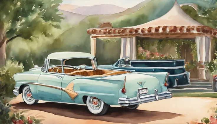 The back of a classic car is painted in watercolor, used for the bride and groom on their honeymoon, in a funny cartoon style, often used on wedding invitations