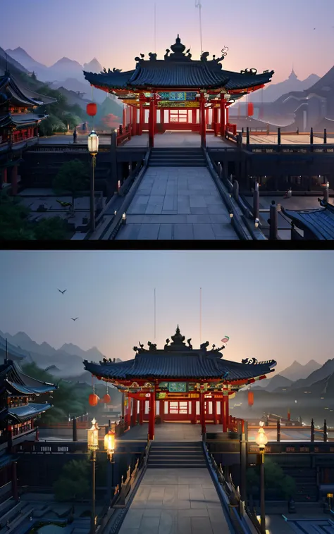 A cyberpunk, surreal Chinese town with fantastical elements, rendered in exquisite detail with digital painting techniques. The scene is set in the Tang Dynasty, showcasing the beauty of the era. The perspective is from a birds-eye view, capturing the gran...