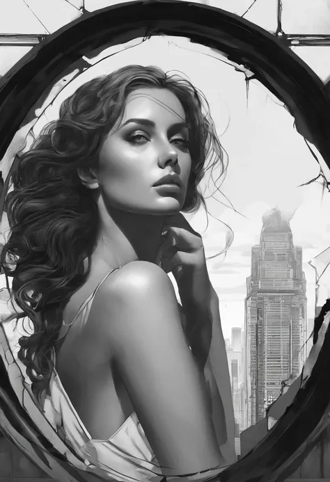 a black and white photo of a woman looking out a window, a digital painting inspired by Grzegorz Domaradzki, Artstation contest winner, digital art, realistic digital painting, cinematic realistic portrait, martin ansin artwork portrait, realistic female p...