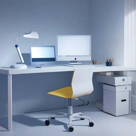 (working desk, white background), pc on desk, chair, desk, soft lightning, yellow, blue, white, grey, futuristic, technology, si...