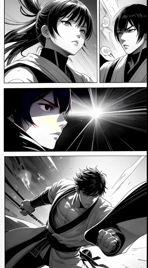 （illustration）comic page，There are multiple panels on the page：Black and white gray Japanese manga page, Jump Magazine,Hot-blooded martial arts comics, CG,Game animation characters，author：Kei Okamoto。,Highly detailed dynamics reveal the films clear lines, ...