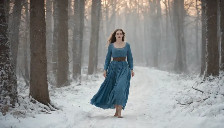 medieval Hungary, bare feet peeking out from tattered grey blue skirts, running over snow, night, hungarian forest, eerie, mystical, stained dress, cinematic scene from film