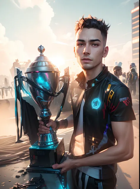 Handsome boy realistic face cyberpunk worldcup trophy