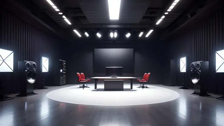 "Imagine and craft the ultimate studio setting with impeccable, razor-sharp color rendition and world-class studio lighting. Create a video production environment featuring a cutting-edge computer table and chair, paired with an astonishingly captivating w...