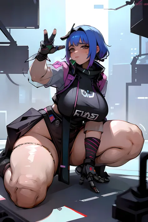 (cyberpunk girl, robotic), 1girl,  random sexy pose, Take a look at us, huge breasts, see through, spreading legs, knee on the ground, looking up at the viewer