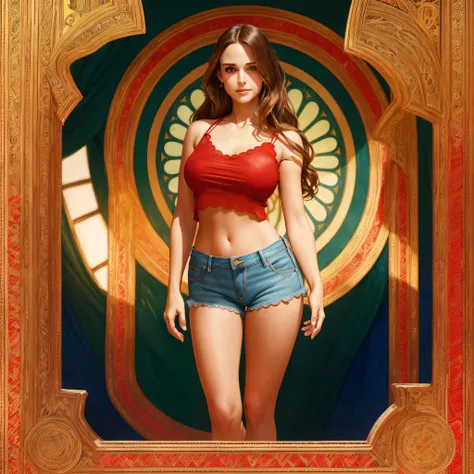 A stunning masterpiece of a high-res portrait of a beautifully detailed girl,natalie portman with long, shiny brown hair and mesmerizing hazel eyes, wearing (((a red top scalloped red straps))),((tank top)),midriff and ((Denim shorts)) and flashing a gorge...