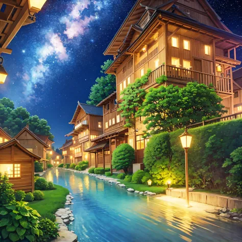 village, beautiful night, stars, studio ghibli, ultrasharp, 8k, masterpiece