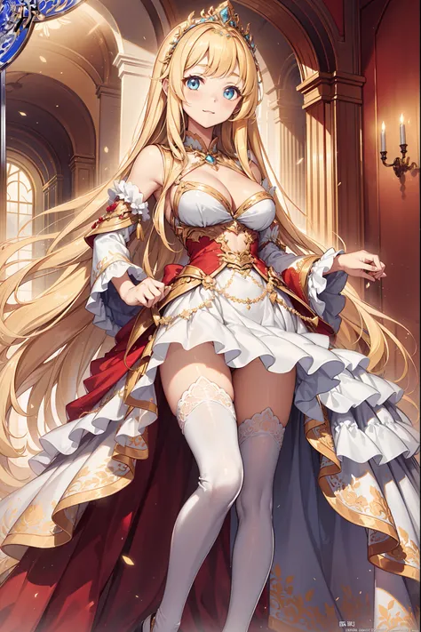 ((teens girl))，Enchanted，opulent，Being in love，divino，(Yellow and white princess dress:1.3)，blond hairbl，eBlue eyes，Maximalism，Multiple layers of delicate ruffles，Lots of lace，(Lines on clothes:1.2)，(exquisite costumes:1.1)，Princess Crown，see-through trans...