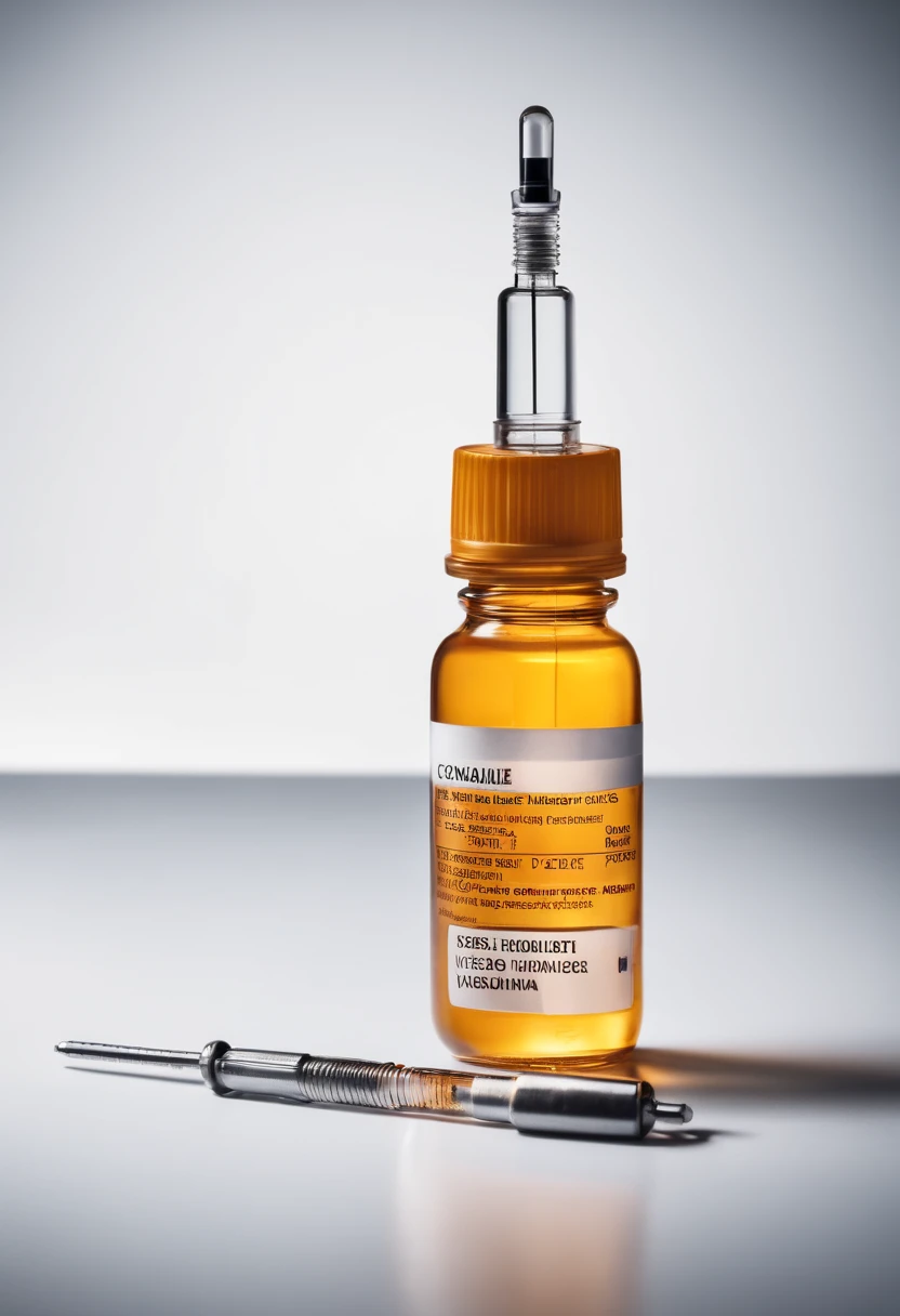 Realistic syringe next to realistic corona vaccine on pure white background