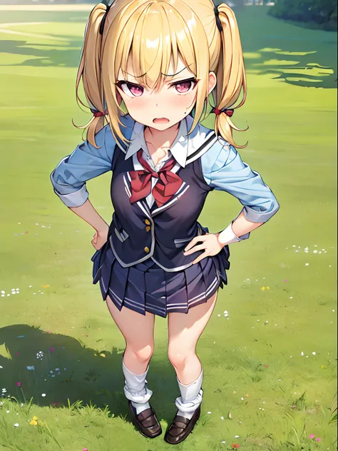 Highly detailed and realistic CG, Colorful, Masterpiece, Best Quality, jewel-like eyes, daizu, 1girl, solo, loli, child, lemin yellow hair, short hair, long twintails, shiny hair, black school uniform, miniskirt, loose socks, school shoes, shiny eyes, jig ...