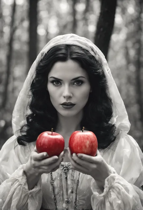 high quality cinematic (black and white) photo of snow-white holding a (bright-red) apple in an enchanted forest, close shot, detailed face, dramatic, high detail, high resolution, 8k, high saturation