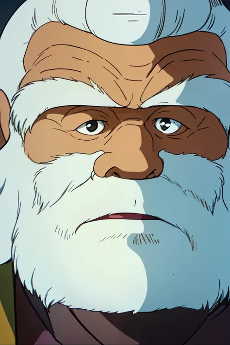 1 old man, 60yo, ANDO-SENSEI (the dagger of kamui), White hair, a short, small topknot, a long beard, few missing teeth, three-paku eyes, black eyes, a rounded back, short height but a sturdy physique, face close-up, face focus, upper body,