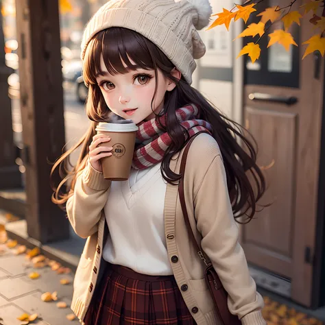 1girl in, Autumn leaves, Bangs, black headwear, Blurry background, blush, Brown eyes, Brown hair, brown scarf, Brown skirt, Cardigan, Coffee, Cowboy Shot, cup, Disposable cups, Drink, Falling leaves, Beanie, Holding, Hold drinks, fronds, Long hair, Long sl...