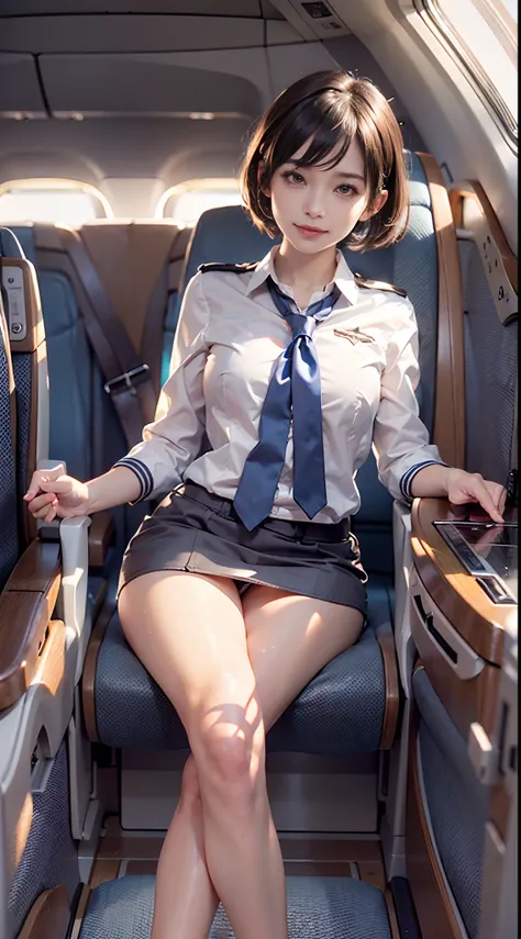 (NSFW), 1womanl, Solo, 24 year old, 7headed body, (cute  face), (Ideal ratio body proportions), Inside a passenger aircraft, Stewardess uniform, (((Sitting on legs with bent knees))), (((Spread legs))), (((Open your crotch wide))), (((Open your knees to th...