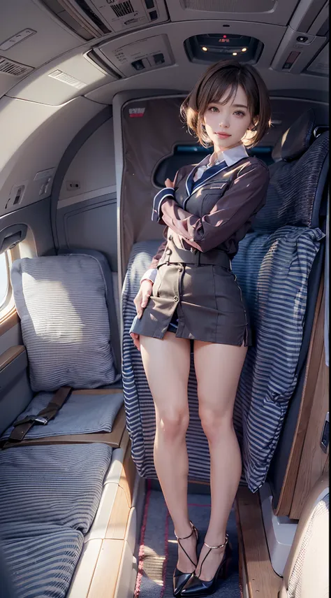 (NSFW), 1womanl, Solo, 24 year old, 7headed body, (cute  face), (Ideal ratio body proportions), Inside a passenger aircraft, Stewardess uniform, (((Sitting on legs with bent knees))), (((Spread legs))), (((Open your crotch wide))), (((Open your knees to th...