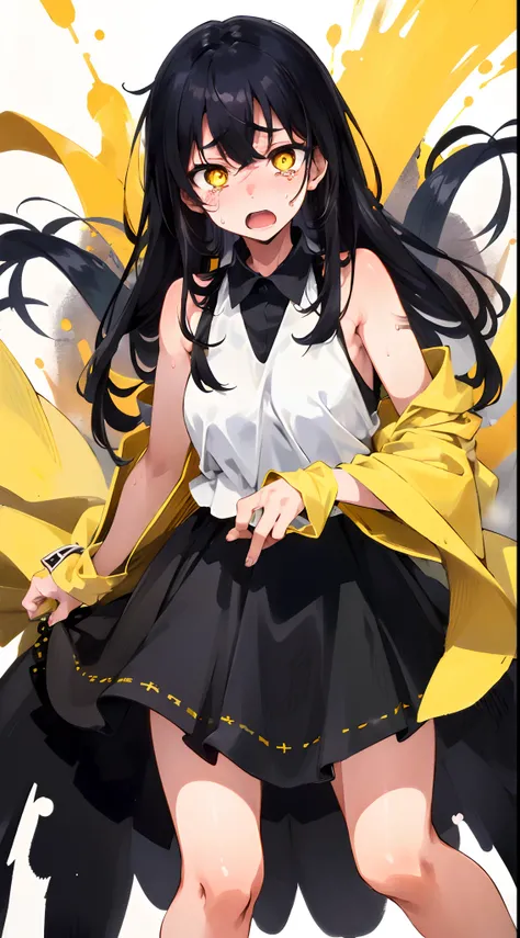 (mieruko:1.3), 1girl, scared, tears, sweat drips, yellow detailed eyes, long black hair, big eyes, (open mouth:0.1), detailed pupils, hdr shadows, ((elegant clothes)), sleeveless.