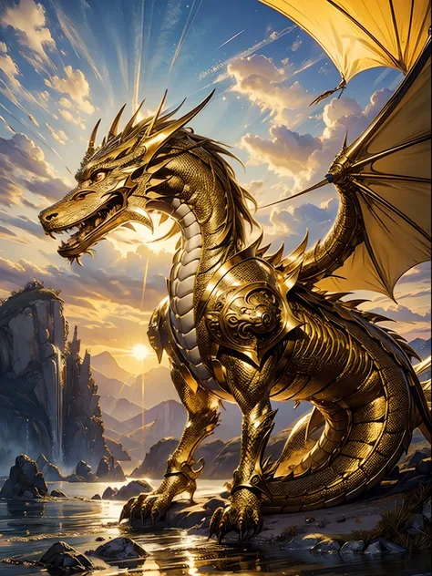 digital art of golden dragon looking at the camera, highly detailed, 8k, best quality, masterpiece, sunshine, shiny