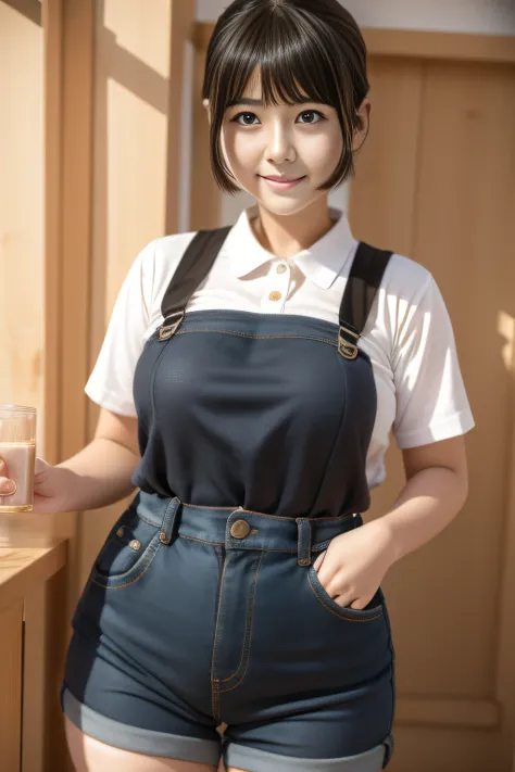 Muchirimchi、kawaii、Thick, round faced、Short black hair、college girl，Top suspenders