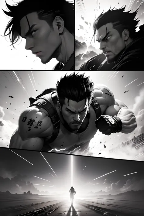 （Illustration sub-shots）Black and white Japanese manga，There are multiple panels on the page::The man roared，Waving his fists，Fight several locomotive bullies。Image from《Fight》Magazines,《Hot-blooded universities》author：Tetsuo Hara。Highly detailed dynamics ...