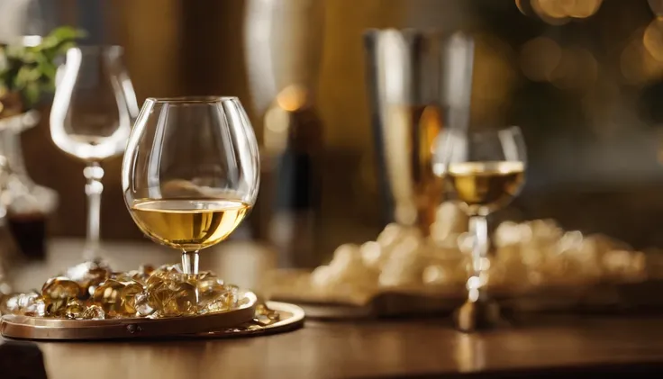 （Pouring the laurel sweet alcohol），Close-up 30-degree, ((elevation angle))，Golden amber wine body，warm lights，glass，iced，Wooden table base，best qualtiy