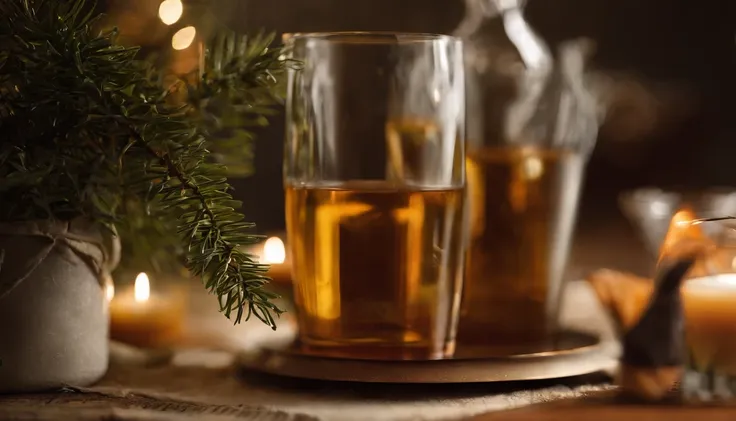 （Pouring the laurel sweet alcohol），Close-up 30-degree, ((elevation angle))，Golden amber wine body，warm lights，glass，iced，Wooden table base，best qualtiy