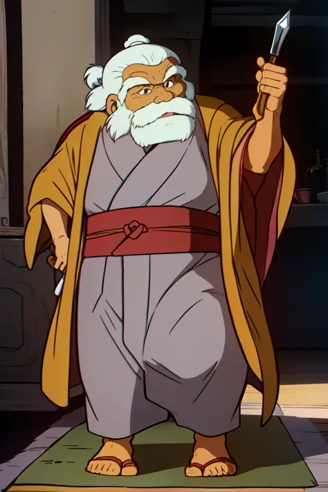 1 old man, 60yo, ANDO-SENSEI (the dagger of kamui), White hair, a short, small topknot, a long beard, few missing teeth, three-paku eyes, black eyes, tight stoop, short height but a sturdy physique, dotera, kimono, hakama, setta, cowboy shot,