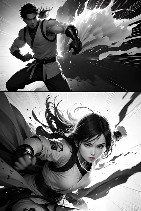 （illustration）comic page，There are multiple panels on the page：Black and white gray Japanese manga page, Jump Magazine,Hot-blooded martial arts comics, CG,Game animation characters，author：Kei Okamoto。,Highly detailed dynamics reveal the films clear lines, ...