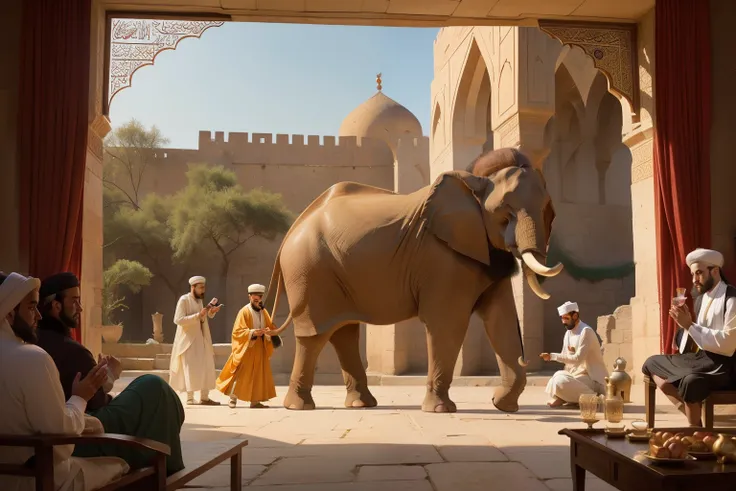 Year: 11th century. Location: Ispahan. ((very wide view)) Pre-raphaelite scene with a royal party, celebration, elephant, lions, (veil dancers), guests, ((((11th century qamis)))) ((11th century hairstyle)), (((cinematic style)))