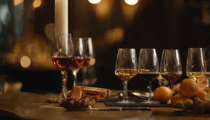 （Pouring the laurel sweet alcohol），show the process of pouring wine，Close-up 30-degree, ((elevation angle))，Golden amber wine body，warm lights，glass，iced，Wooden table base，best qualtiy