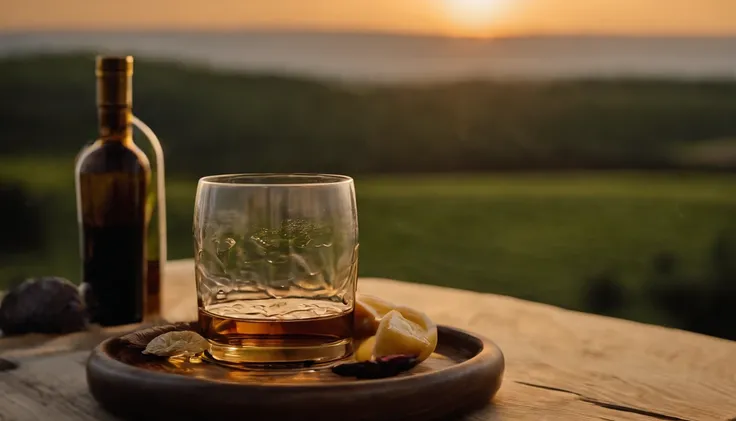 （Pouring the laurel sweet alcohol），show the process of pouring wine，Close-up 30-degree, ((elevation angle))，Golden amber wine body，warm lights，glass，iced，Wooden table base，best qualtiy