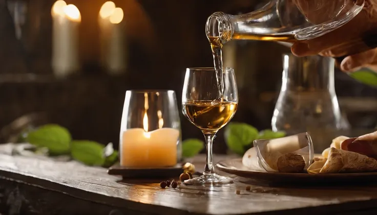 （Pouring the laurel sweet alcohol），show the process of pouring wine，Close-up 30-degree, ((elevation angle))，Golden amber wine body，warm lights，glass，iced，Wooden table base，best qualtiy