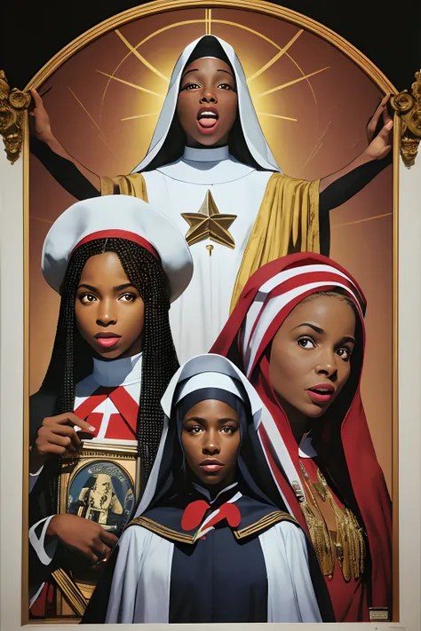 a poster for a Connecticut based theater company producing their rendition of Sister Act as a musical comedy. Combine elements of Sister Act & Sister Act 2 into the design. Light hearted, funny, brightm high-key lighting, comical, musical, singing. Collect...