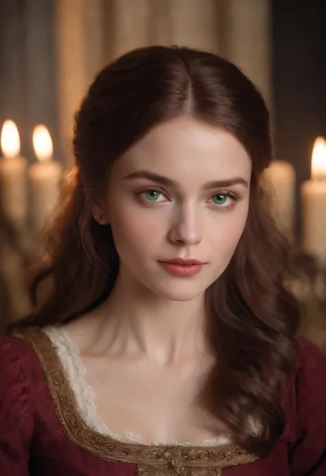 (((A deep reddish scar runs across her left cheek))) light skinned, Women around 19 years old, Natural gray hair, Distinctive green eyes, Wearing Cole, slender and graceful,, Beautiful, Candlelight in medieval atmosphere, Ultra Sharp Focus, realistic shot,...