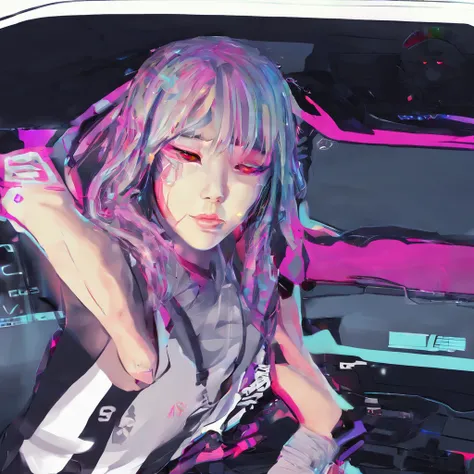 Textured modified car，1girll， 独奏， Red modified side of the car， perfect body figure， gigantic cleavage breasts， White-colored skin， 18 years old， Pointed hair， hair pin， Black eyes， seduct smile， 详细的脸， Detailed eyes， Eye level shooting， God Ray， glowing li...