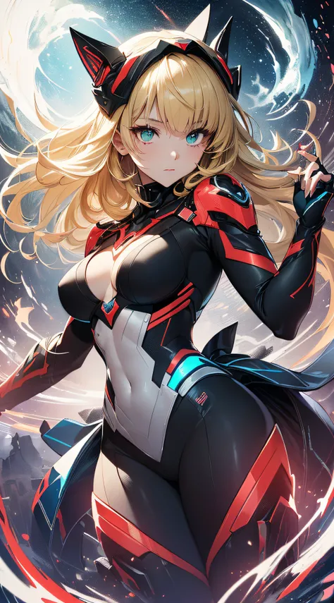 top-quality、Top image quality、​masterpiece、Android Girl((sixteen years old、Red, Black, Red and white glowing cybersuit、Blue energy source for the chest,Best Bust、Bust 90、Color Blonde Away Tail、Blue-green eyes、open chest wide、Valley、Happiness、A slender、Myst...