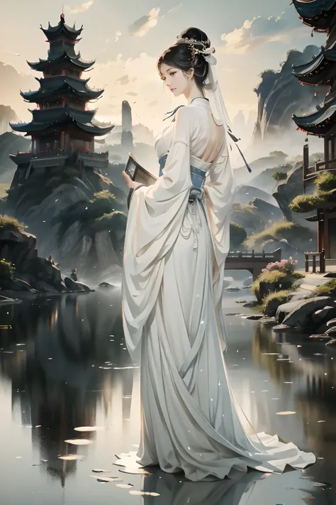 watercolour，（：A woman standing on a bridge..：13），barefoot，hanfu，Chinese-style clothes，Arch Bridge，Husband and wife look at each other..，beautiful anime scene，Reflections on the water surface，magpie，Black and white dress，delicate，Max Kwali，（master-piece：1,2...