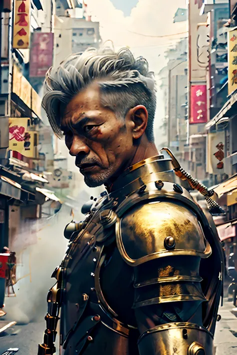 50 years old, asian, muscular, male, wearing gold armour, short white hair, yelling, violence, cinematic, realistic, high quality, close up, photo, Hong Kong street, crowded