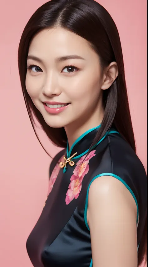 Miss Ling Fei、cheongsam、high quality、photo realistic、healthy、Smiling expression、Slender perfect figure、Chinese beauties、beautiful eyes、face perfect、Beautiful skin、pink background