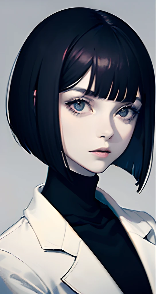 A young woman with a bob cut hairstyle, black hair, black eyes, pale skin, dark turtleneck clothing, fantasy, d&d portrait