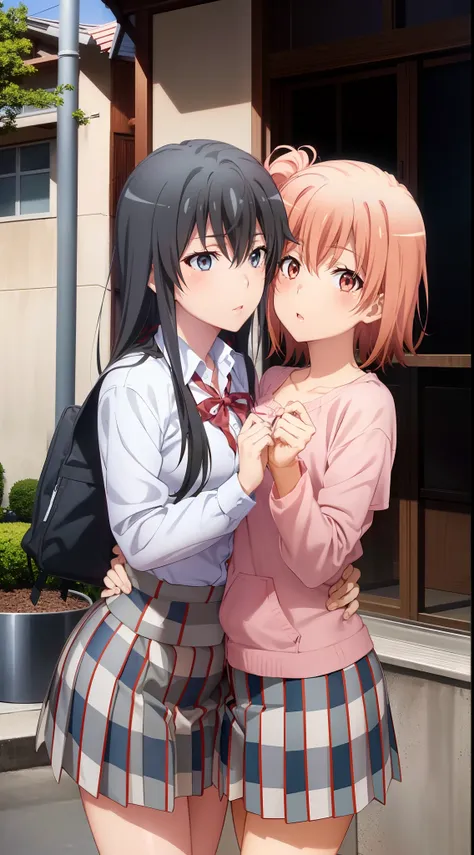 (2girls, Anime, SNAFU, yukinoshita yukino, Yuigahama yui, uniform school, yui kissing Yukinos lips, lesbian)