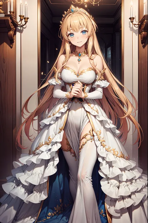 teens girl，Enchanted，opulent，Being in love，divino，(Yellow and white princess dress:1.3)，blond hairbl，eBlue eyes，Maximalism，Multiple layers of delicate ruffles，Lots of lace，(Lines on clothes:1.2)，(exquisite costumes:1.1)，(Multi-layered skirt),Princess Crown...