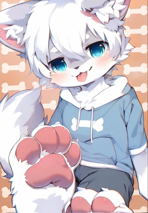 gato anime com olhos azuis e um capuz azul sentado em um fundo rosa, fursona!!!!, fursona peludo, arte fursona, anime peludo, ga...