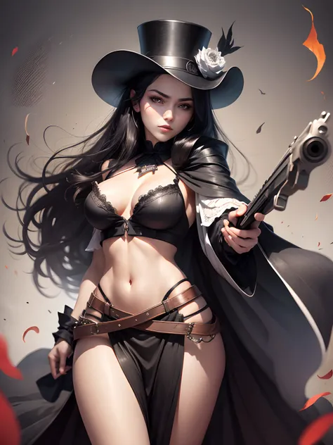 1woman, beautiful face, black hair, long hair, gunslinger, wild west, dark cloak, white bodice, long black skirt, wearing a wide-brimmed top hat, medium breast, slim waist, wide hips, holding a revolver,