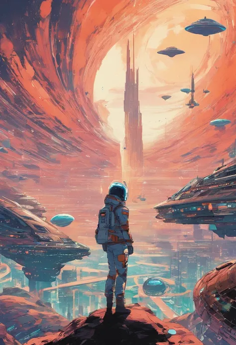 Anime-Typ, der auf dem Boden sitzt und den Planeten betrachtet, Weltraum-Cowboy, Cyber-Weltraum-Cowboy, inspiriert von Josan Gonzalez, Makoto Shinkai ( Apex-Legenden ), Akira Kunststil, Ross Tran Stil, Akira-Vibes, Akira-Kunststil, schwebend neben Planeten...