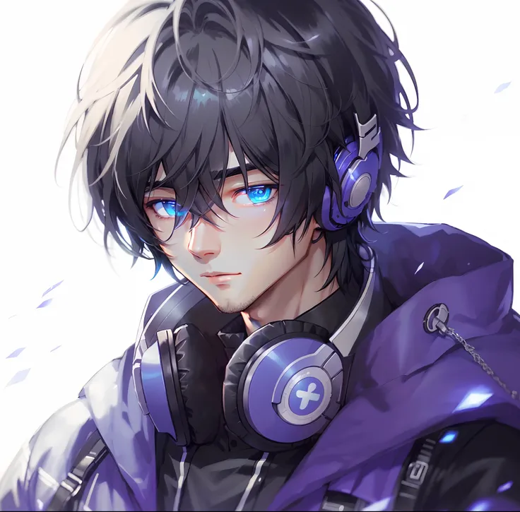 Thick acrylic illustration on pixiv,A handsome boy,Black hair,Cyan eyes,gentle expressions,Gorgeous clothes,Dark background,high quality color matching,super rich detail, 8K, best quality --ar 3:4